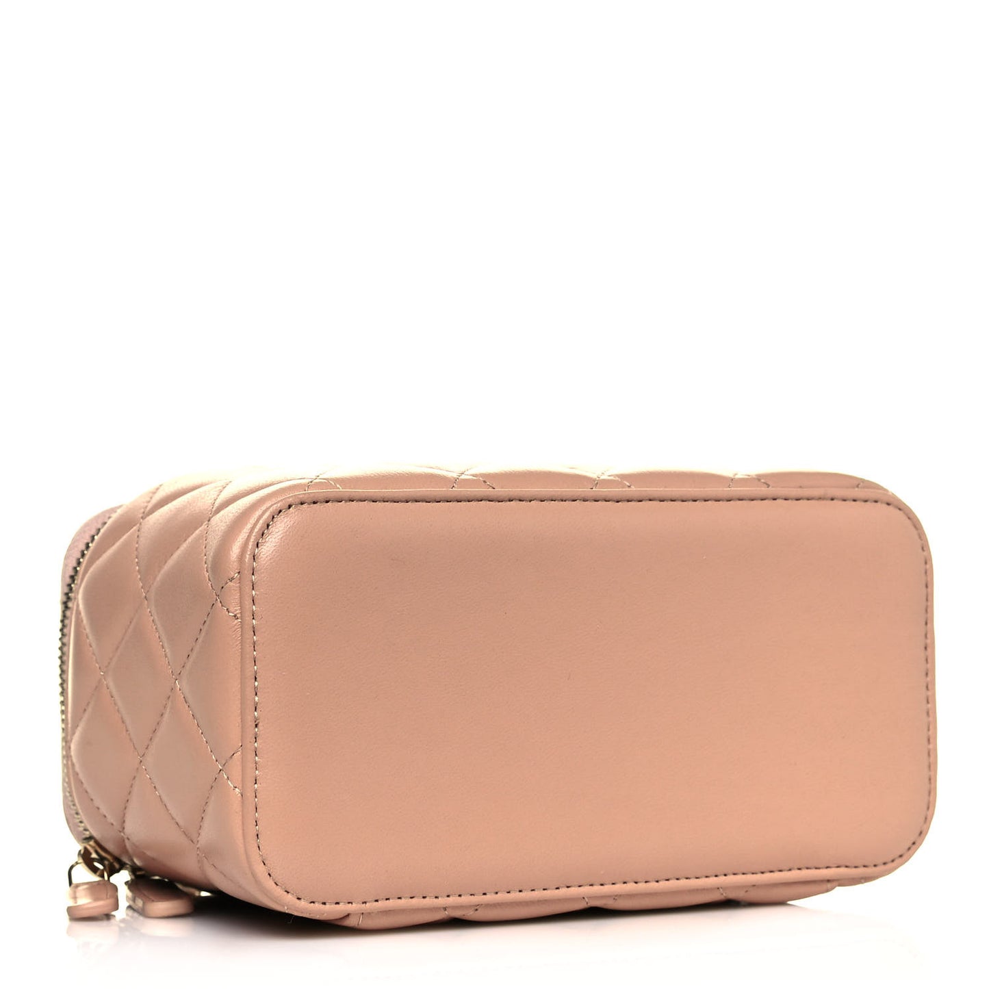 Lambskin Quilted Small Top Handle Vanity Case With Chain Beige