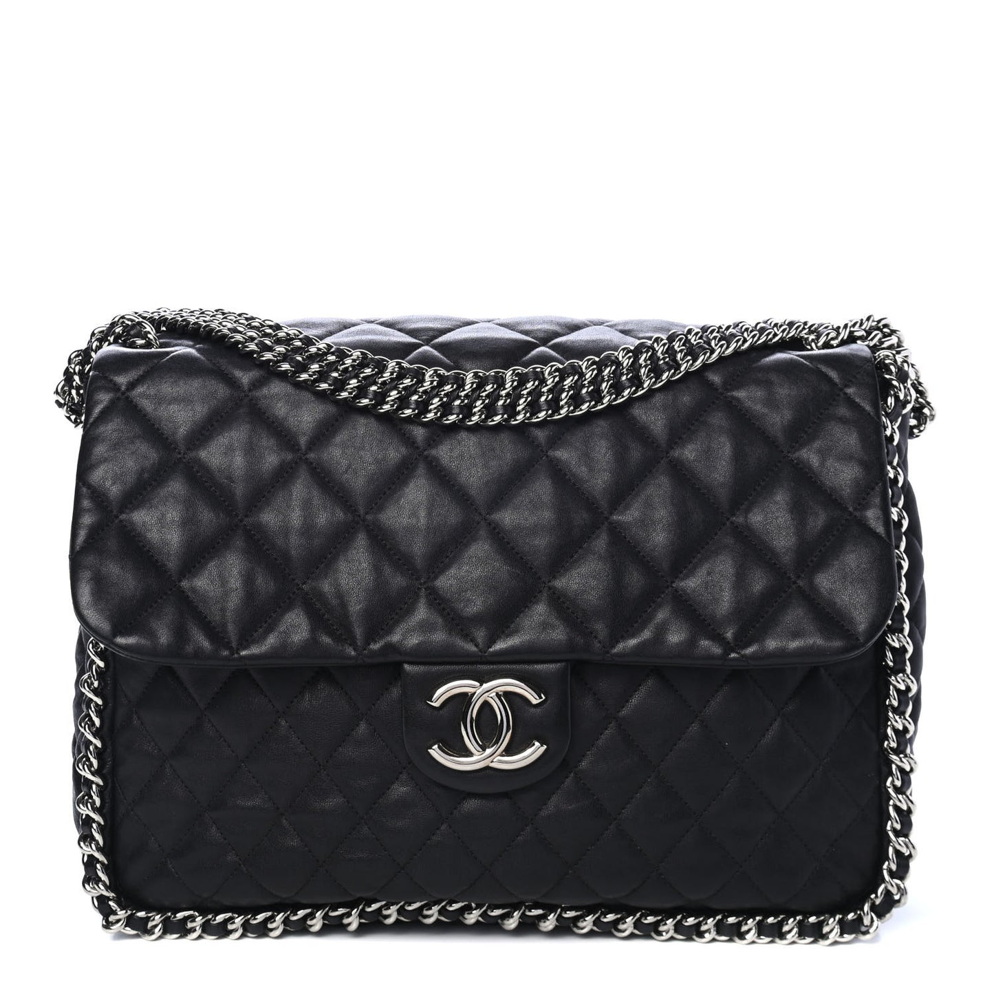Washed Lambskin Quilted Maxi Chain Around Flap Black
