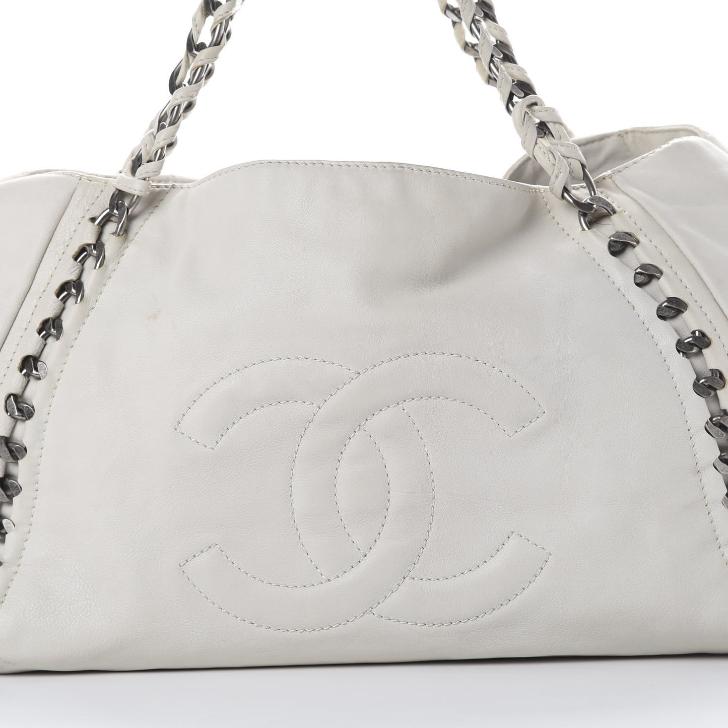 Calfskin Large East West Modern Chain Tote White