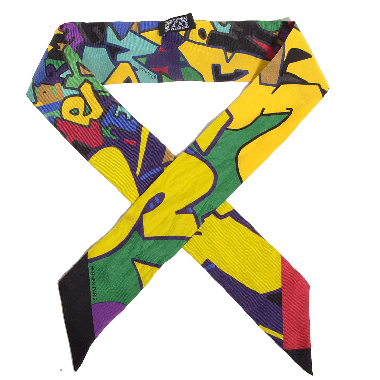 Hermes Silk Graff Graffiti Twilly Noir Jaune Vert 1 of 6