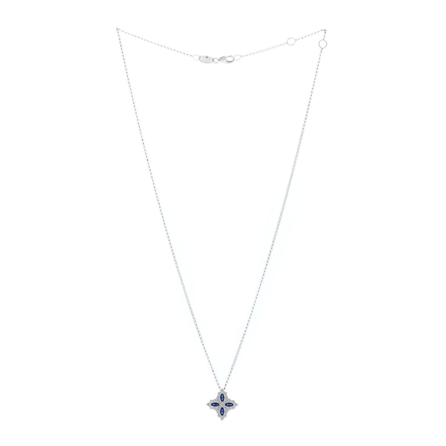18K White Gold Diamond Blue Sapphire Princess Flower Pendant Necklace