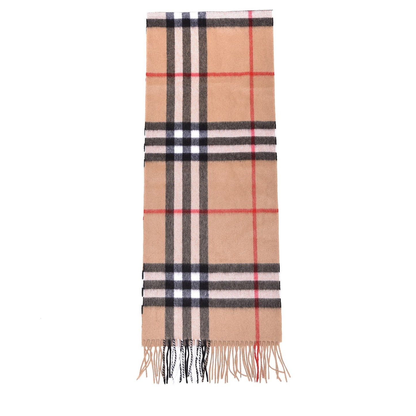 Cashmere Giant Check Fringe Scarf Camel