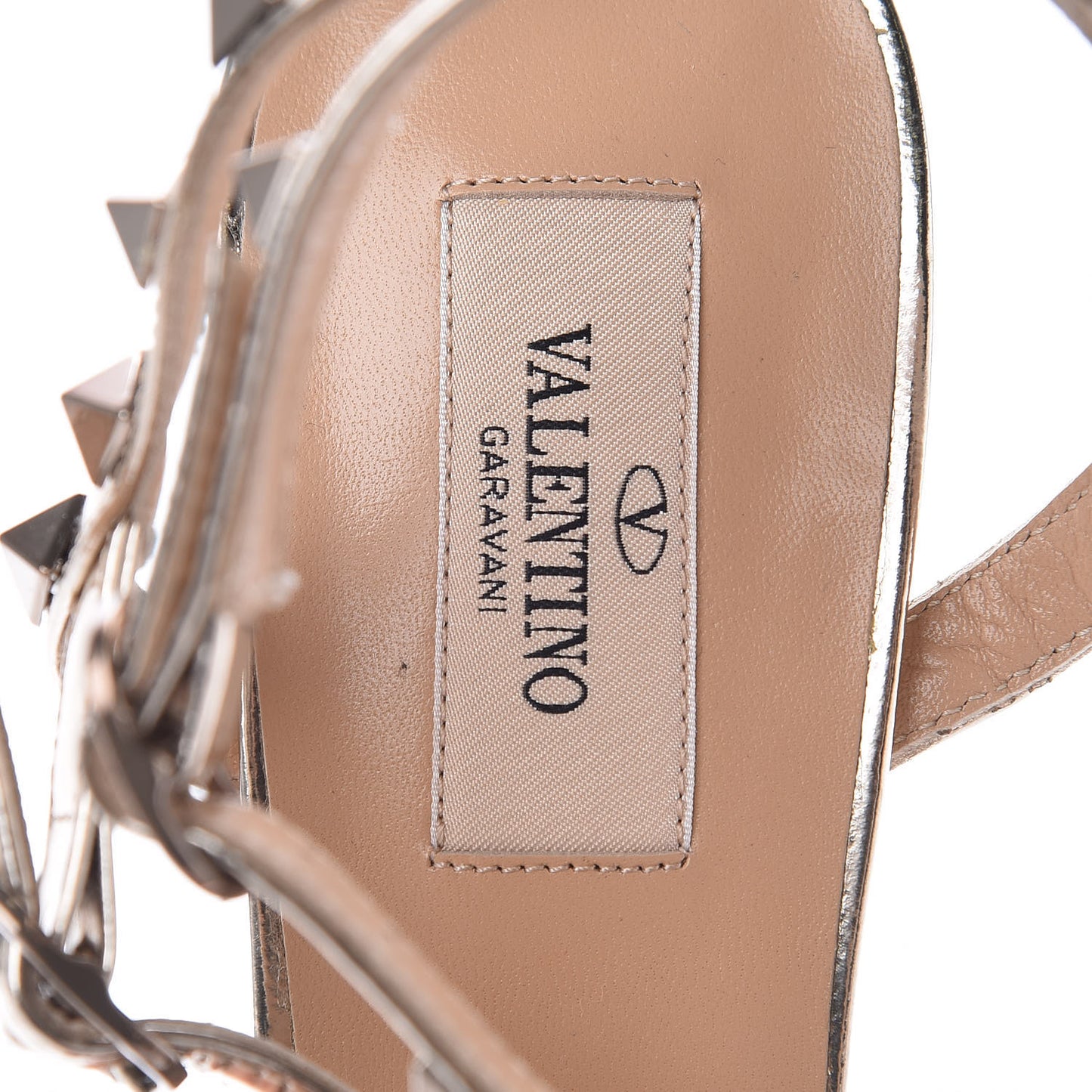 Metallic Pebbled Calfskin Patent Rockstud Ankle Strap 65mm Pumps 39.5 Skin