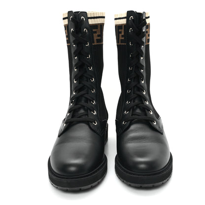 Fendi Calfskin Stretch Fabric Rockoko Biker Boots 41 Tobacco Black Marino 3 of 9