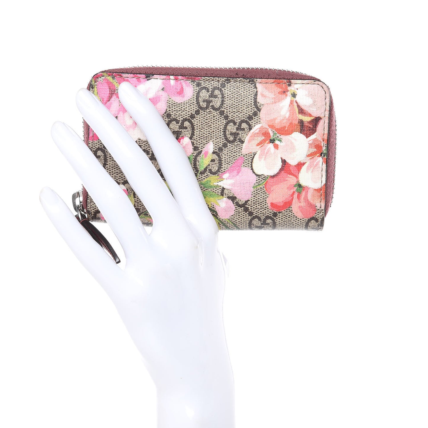 GG Supreme Monogram Blooms Zip Around Card Case Wallet Beige Multicolor Dry Rose