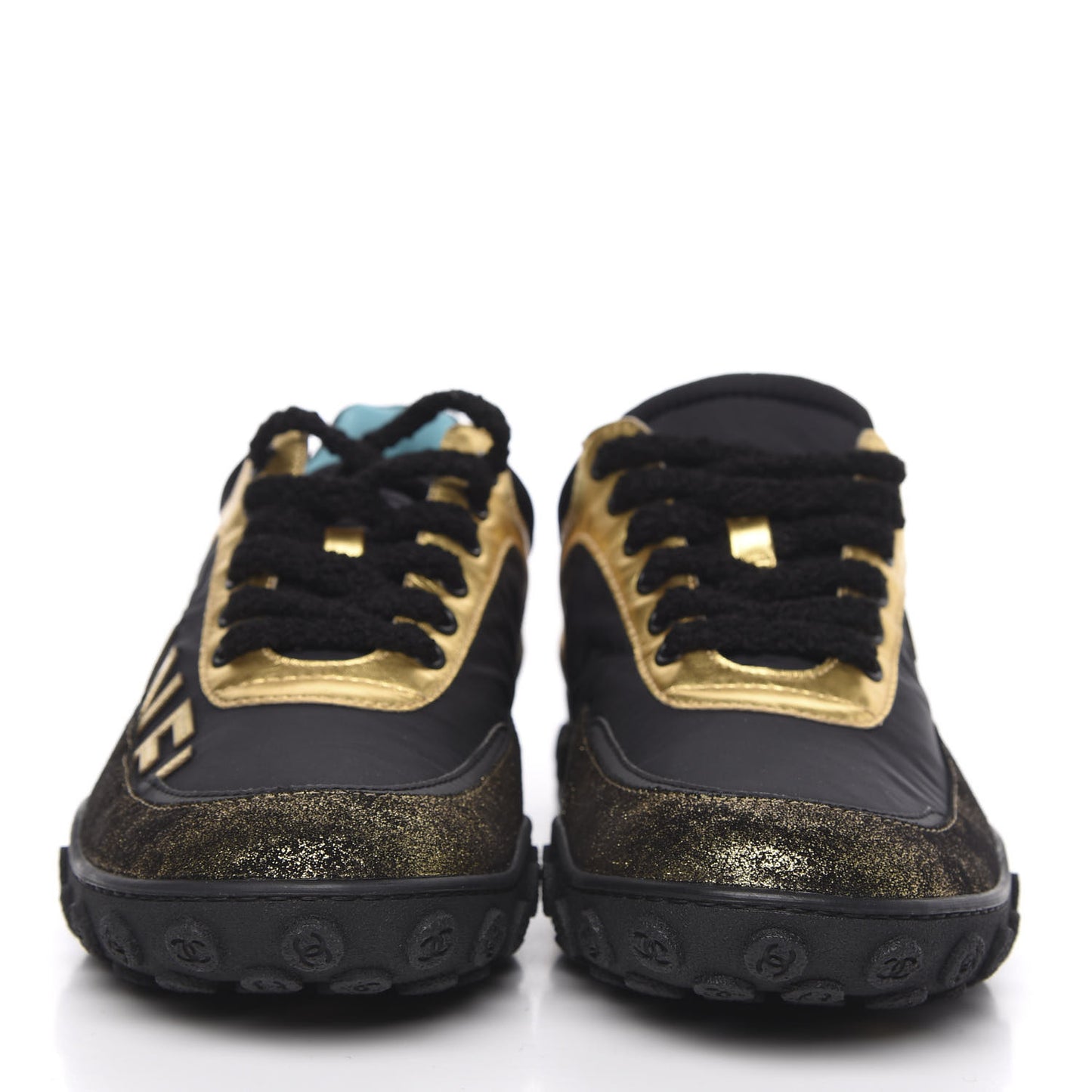 Metallic Lambskin Satin Finish Womens CC Sneakers 39 Black Gold