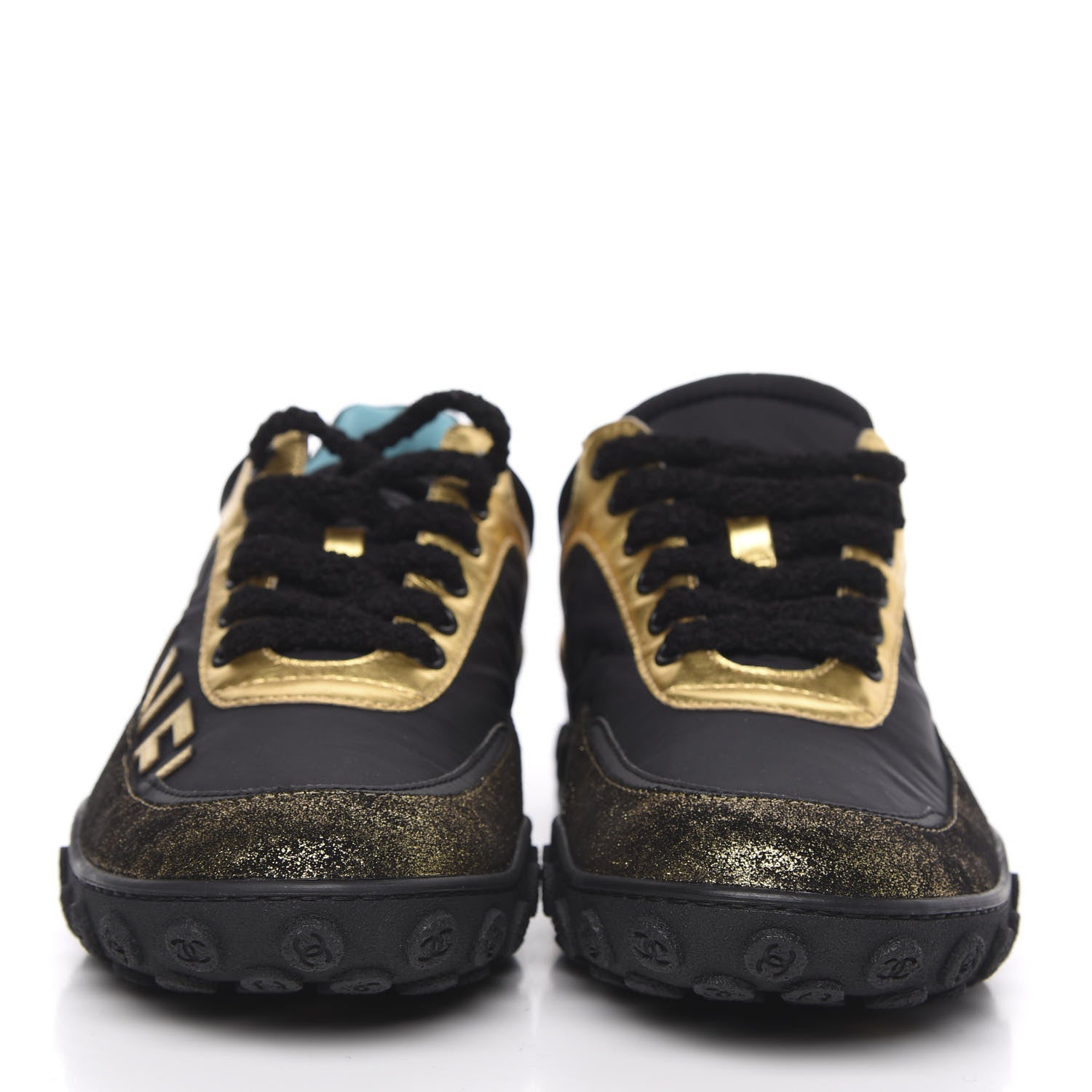 Chanel Metallic Lambskin Satin Finish Womens CC Sneakers 39 Black Gold 2 of 8
