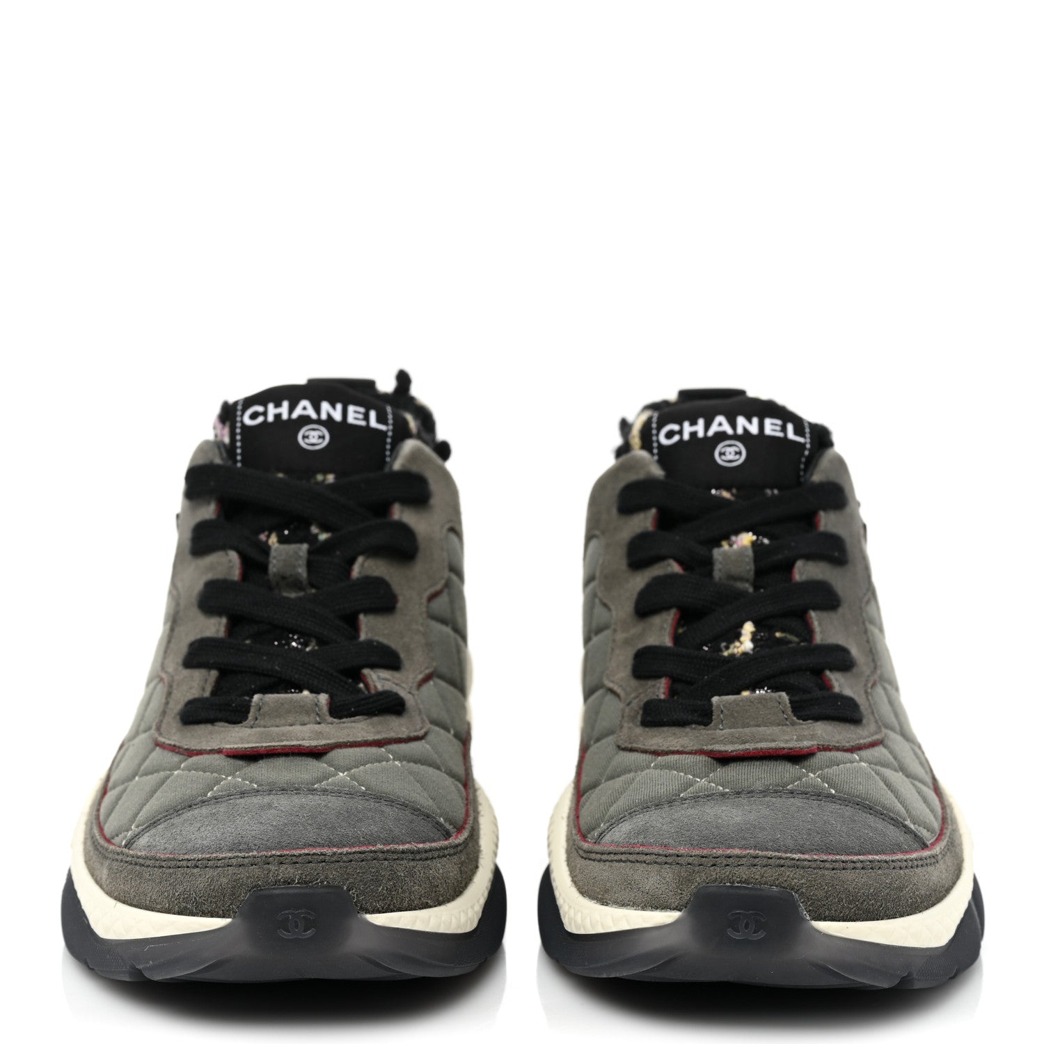 Chanel Tweed Suede Calfskin Grained Calfskin Womens CC Sneakers 38 Black Grey Dark Grey 2 of 9