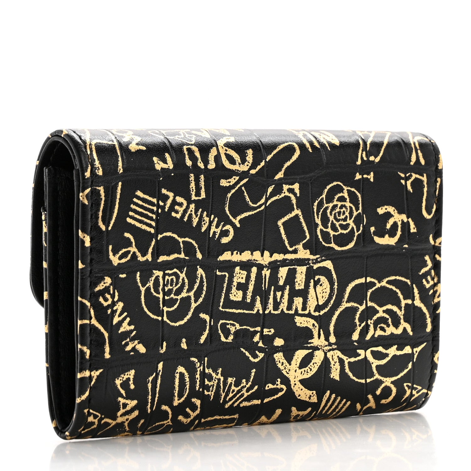 Chanel Calfskin Crocodile Embossed Graffiti 2.55 Cocodile Reissue Flap Card Holder Black Gold 3 of 9