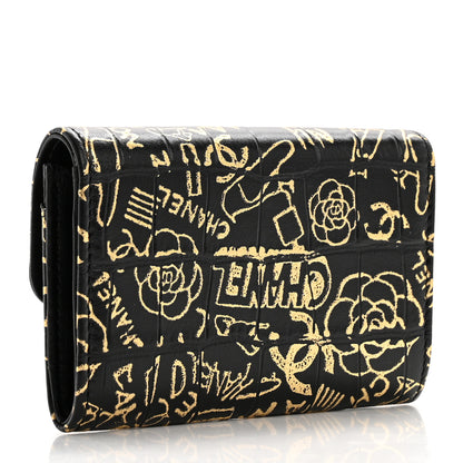 Chanel Calfskin Crocodile Embossed Graffiti 2.55 Cocodile Reissue Flap Card Holder Black Gold 3 of 9