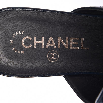 Chanel Glazed Deerskin Grosgrain Quilted Chain Mules 38 Blue Black 7 of 8