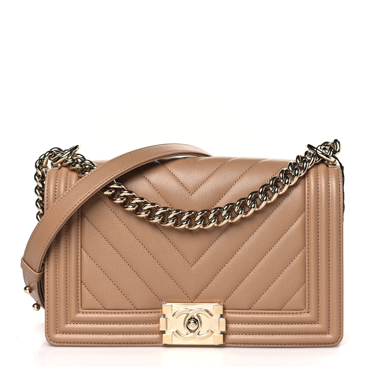 Caviar Chevron Quilted Medium Boy Flap Dark Beige