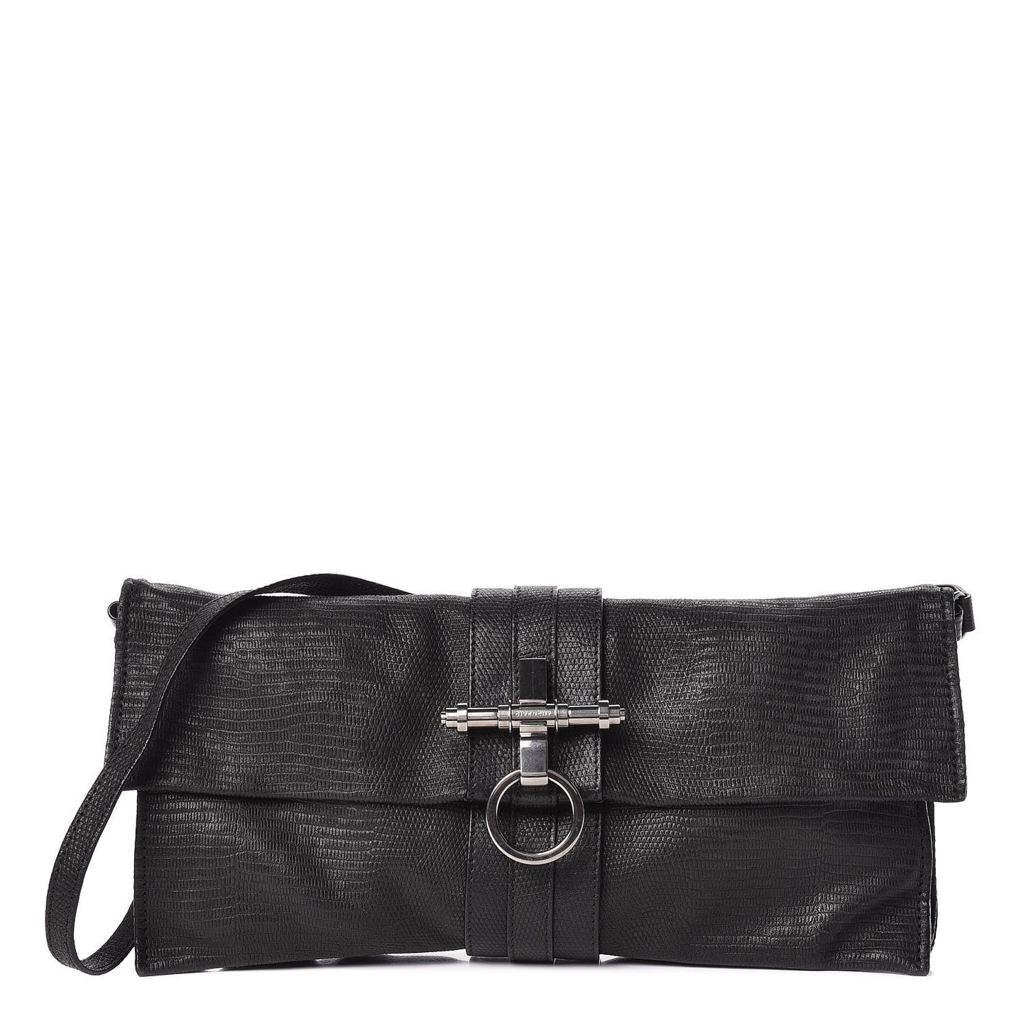 Lambskin Lizard Embossed Obsedia Clutch Bag Black