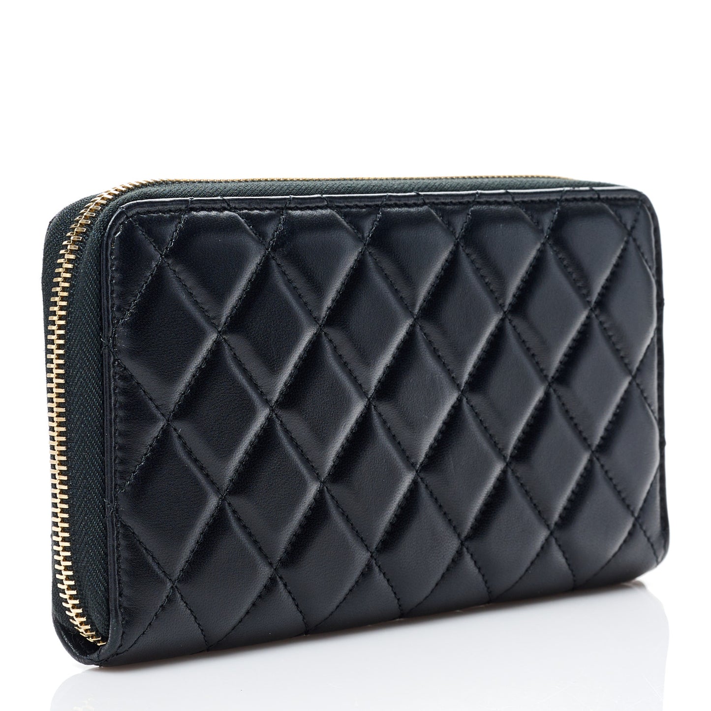 Lambskin Quilted All About Chanel Charm Zip Around Wallet Black