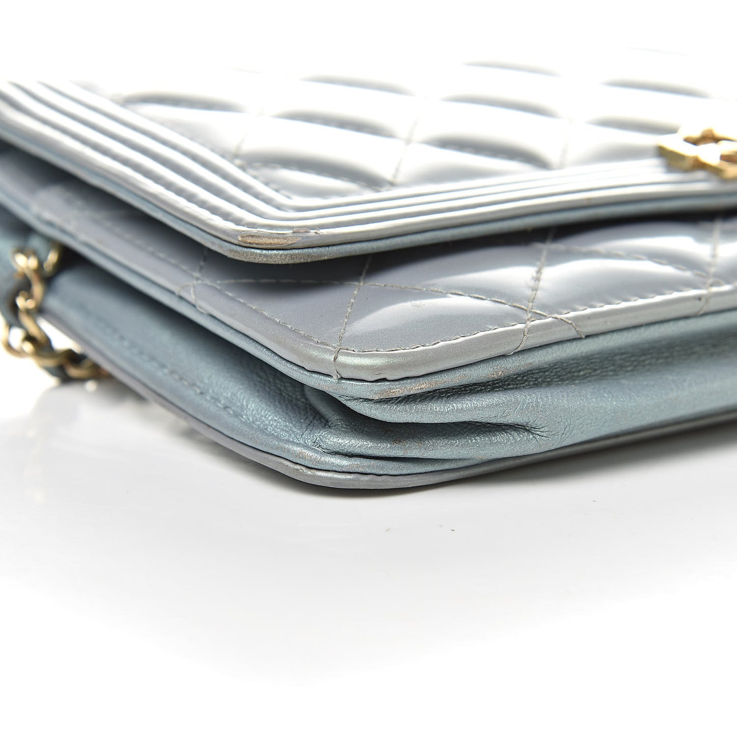 Metallic Patent Calfskin Quilted Boy Wallet on Chain WOC Light Blue