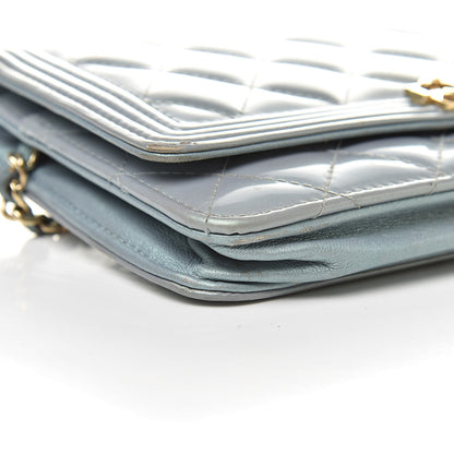 Chanel Metallic Patent Calfskin Quilted Boy Wallet on Chain WOC Light Blue 10 of 15
