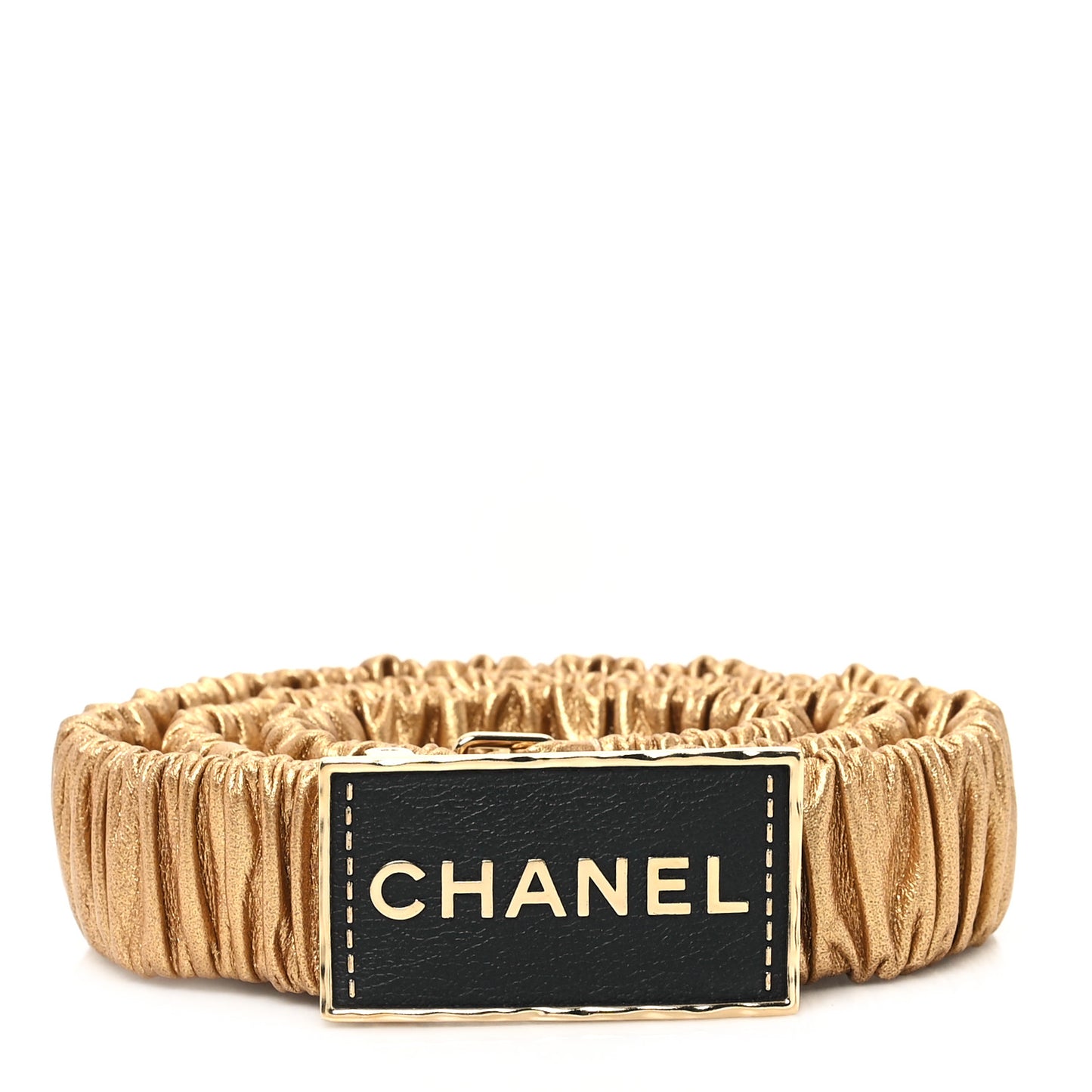 Metallic Lambskin Ruched Logo Belt 85 34 Gold