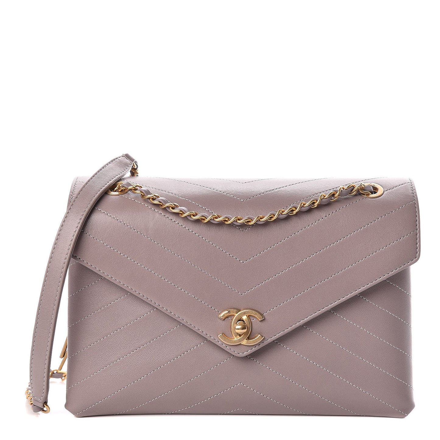 Lambskin Chevron Stitched Medium Envelope Flap Light Grey