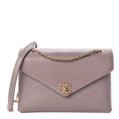 Chanel Lambskin Chevron Stitched Medium Envelope Flap Light Grey 1 of 13