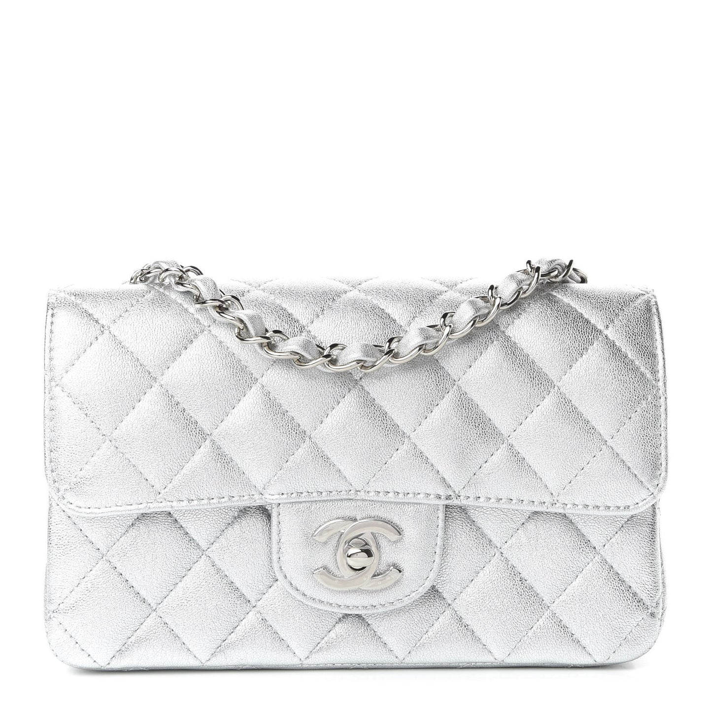 Metallic Lambskin Quilted Mini Rectangular Flap Silver