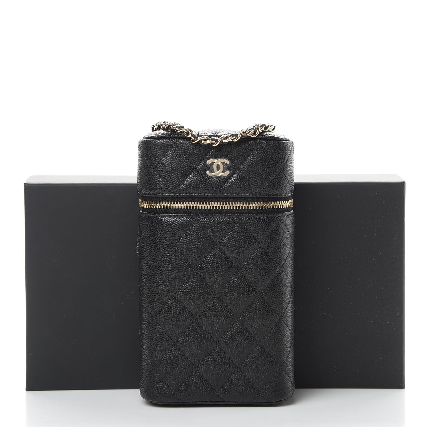 Caviar Quilted Phone Holder With Chain Black