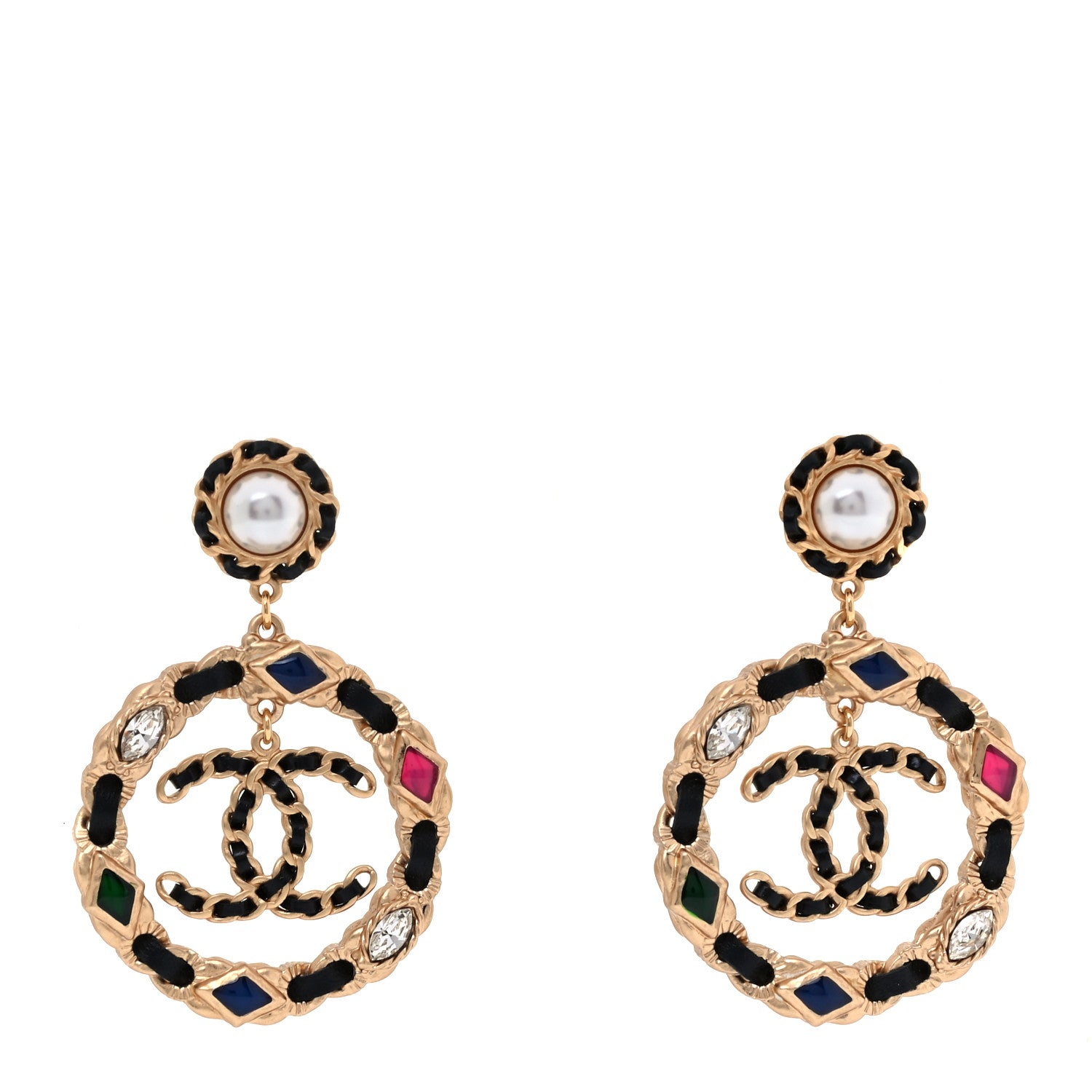 Chanel Lambskin Calfskin Pearl CC Hoop Earrings Gold Black Multicolor 1 of 3
