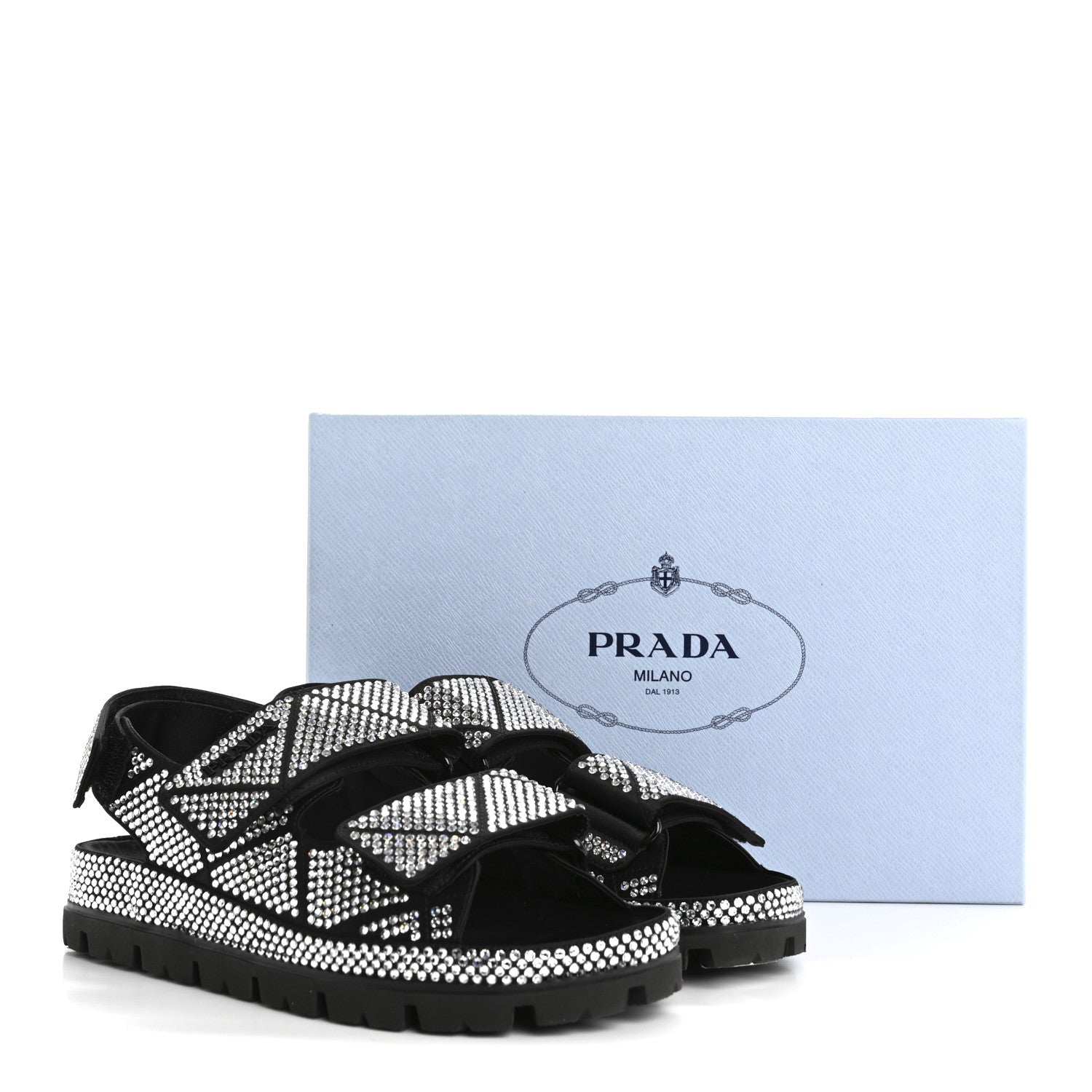 Prada Satin Crystal Embellished Metal Logo Velcro Sandals 37 Black 11 of 11