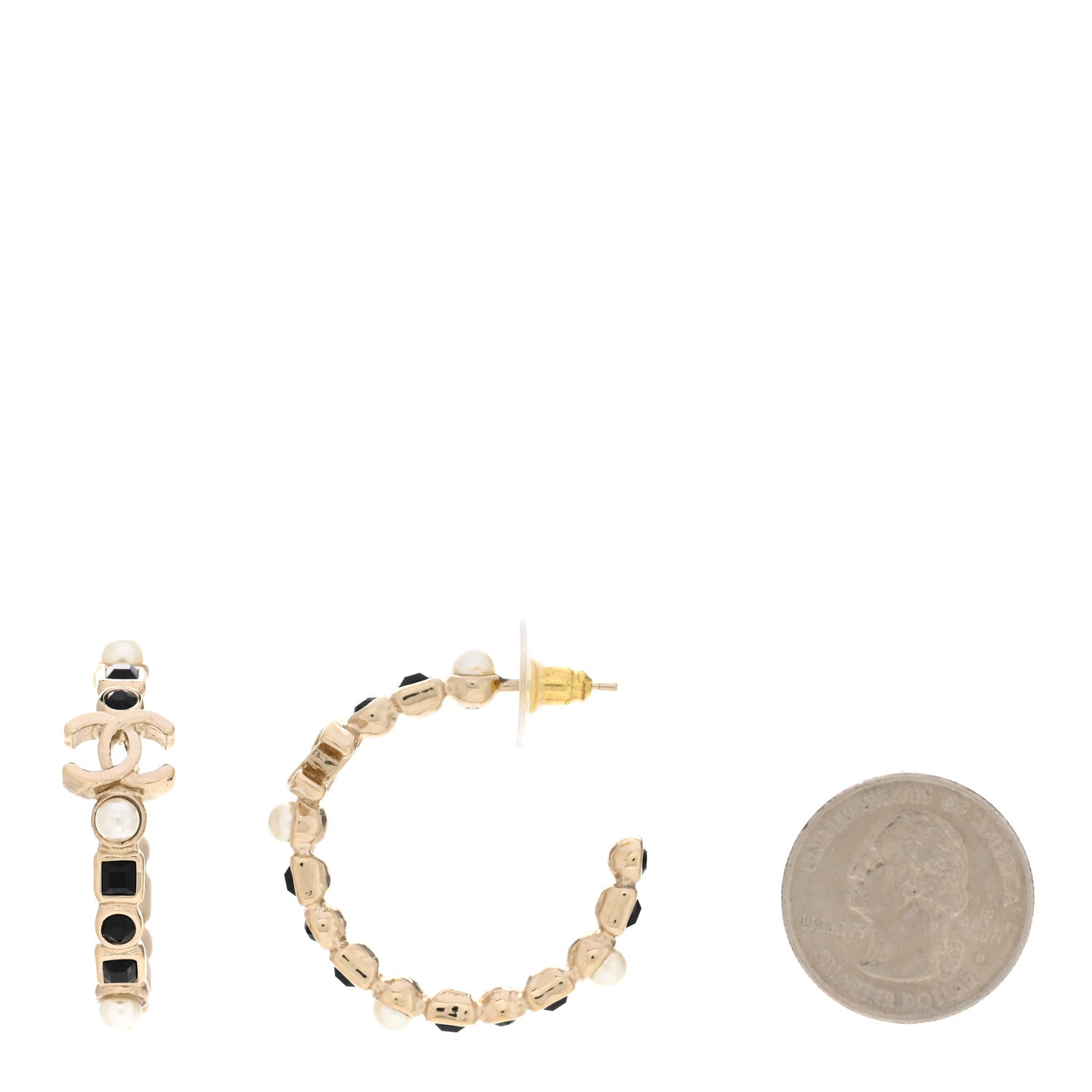 Chanel Lambskin Pearl CC Chain Hoop Earrings Gold Black 2 of 5
