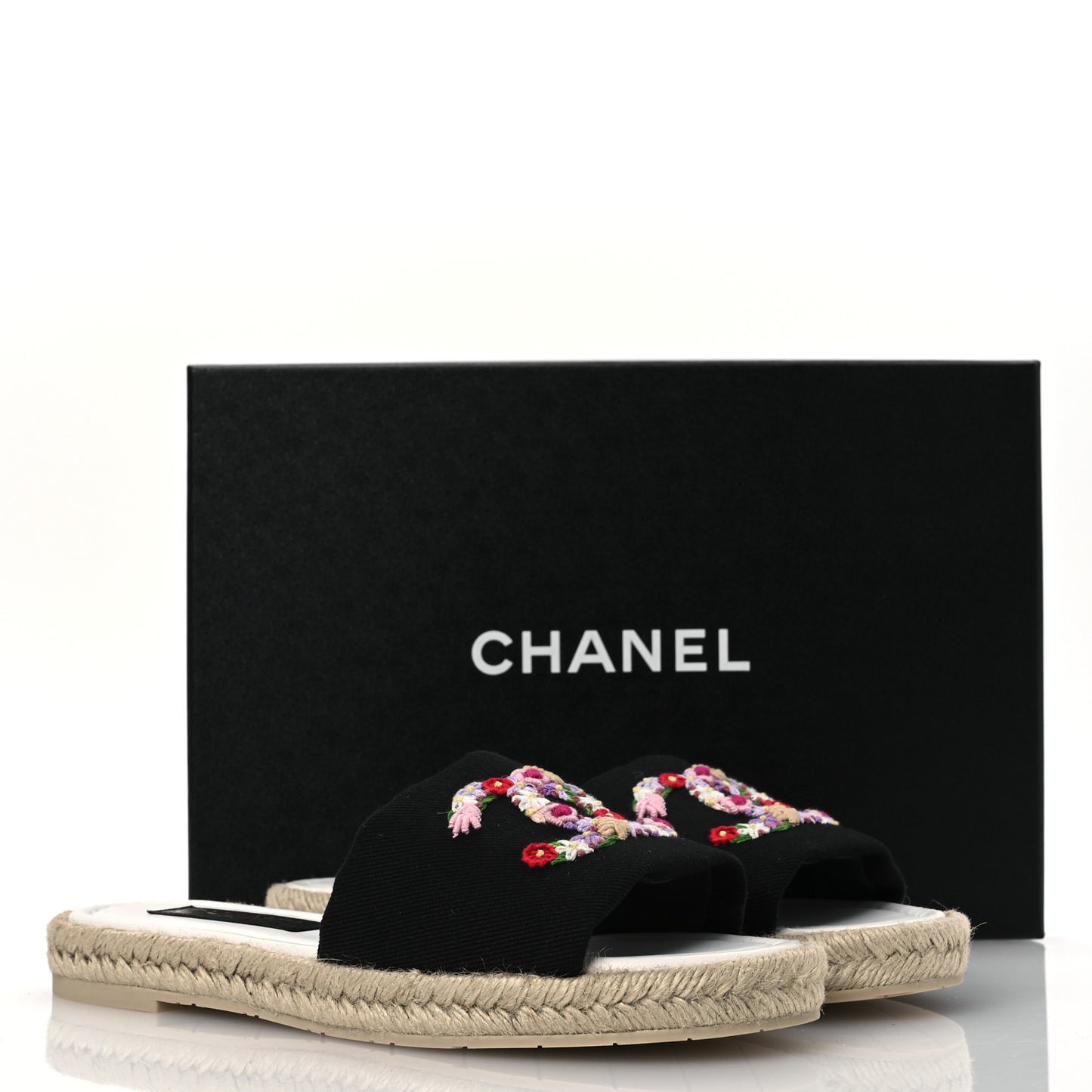 Cotton Floral CC Espadrille Slip On Sandals 40 Black