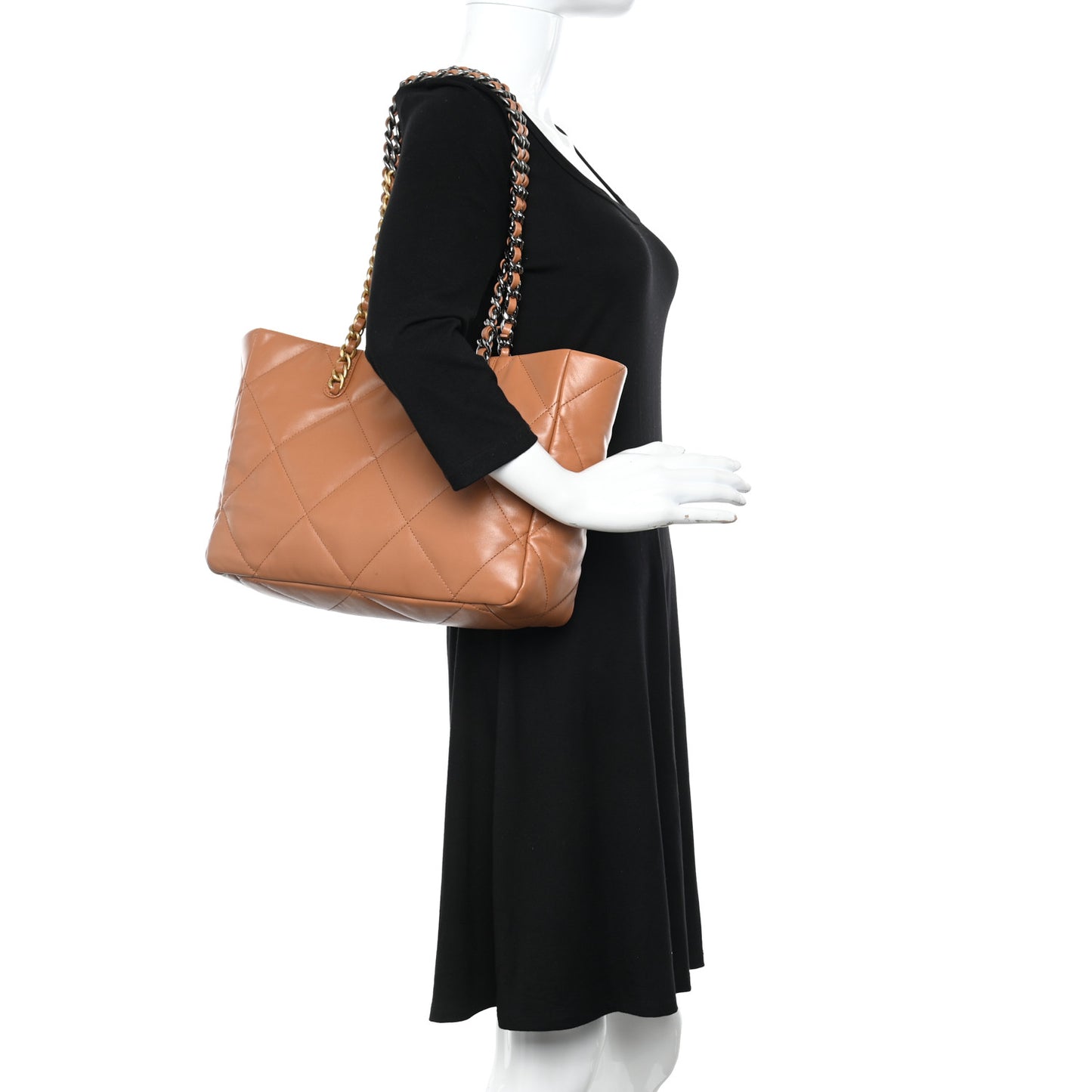 Lambskin Quilted Chanel 19 East West Shopping Bag Brown