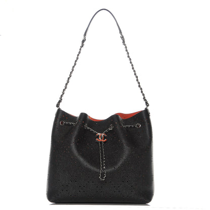 Chanel Caviar Perforated Drawstring CC Bag Black Orange 1 of 10