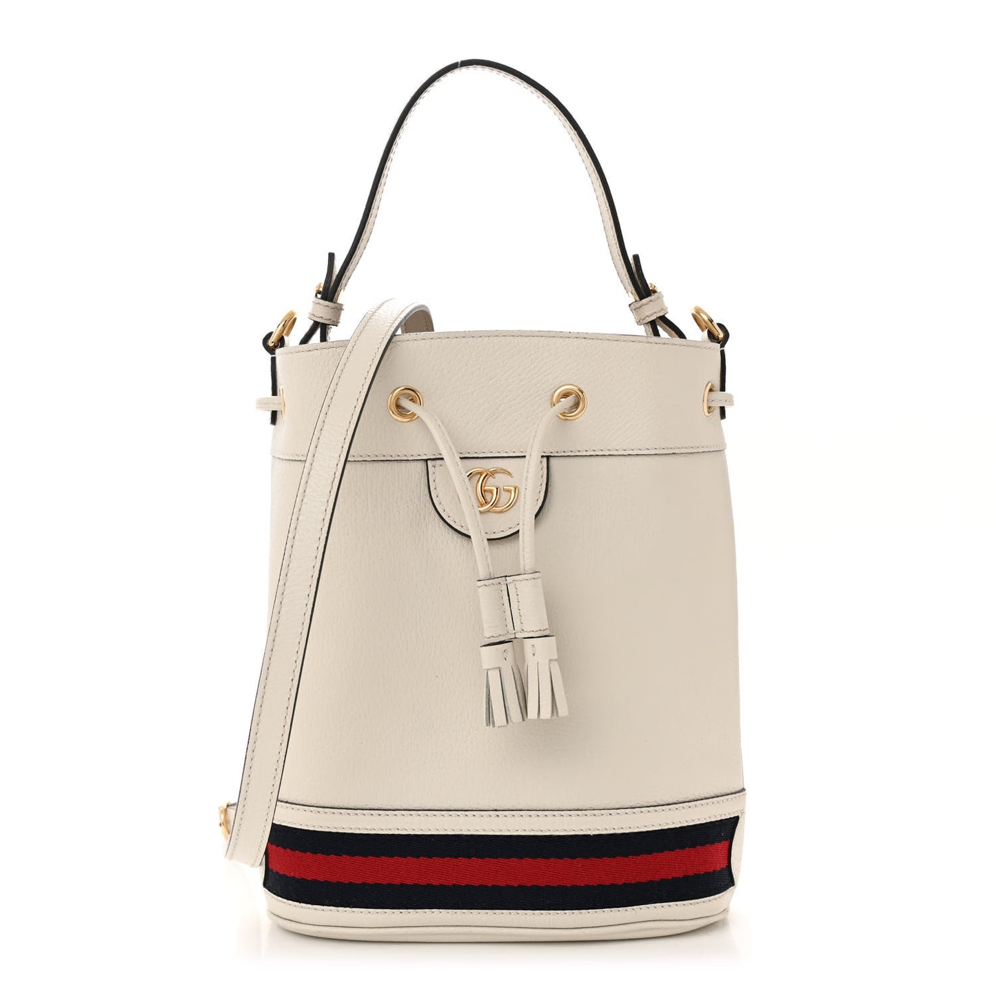 Glazed Textured Calfskin Web Small Ophidia Bucket Bag Mystic White