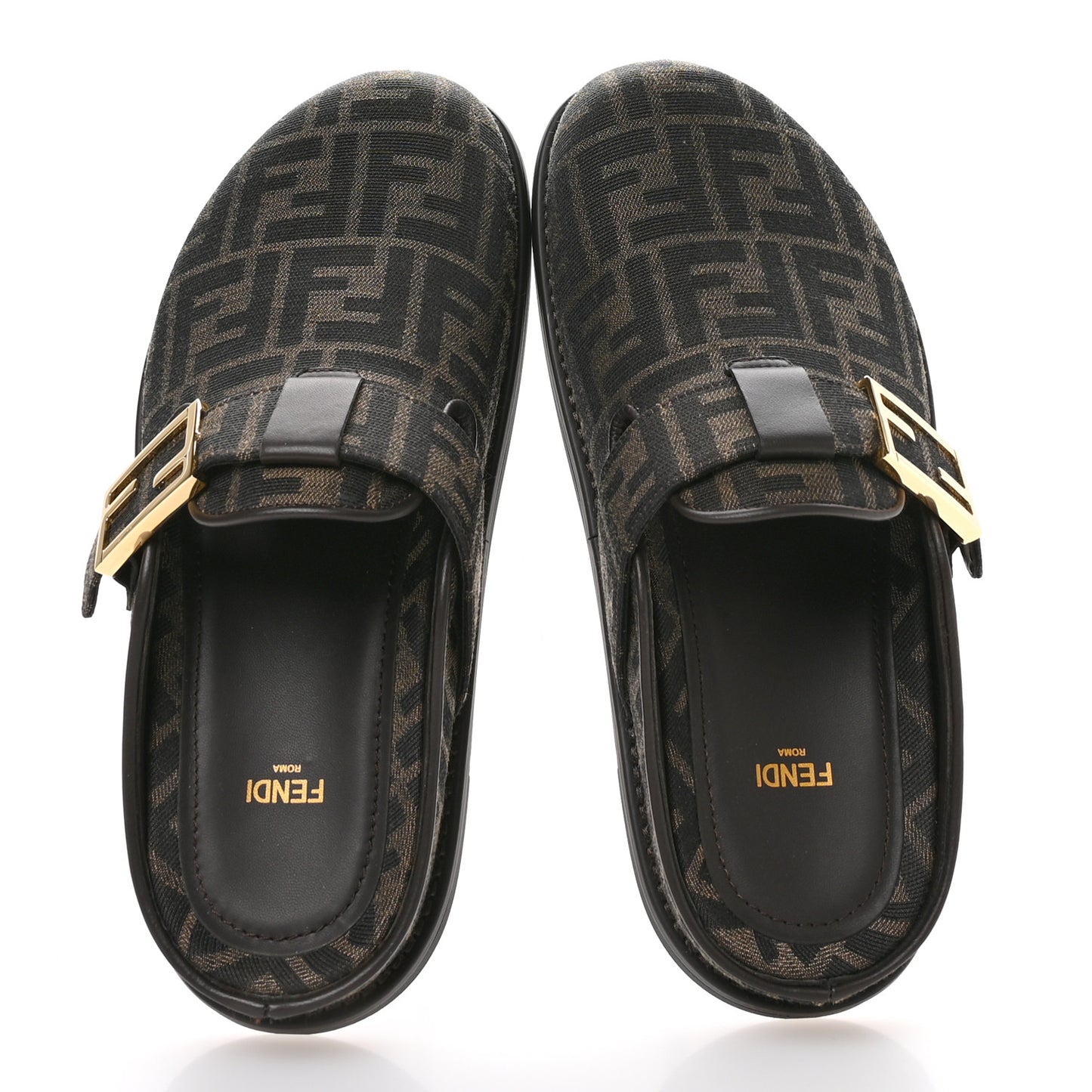 Fabric Jacquard Nappa FF Womens Sabot Mules 39 Tobacco Black