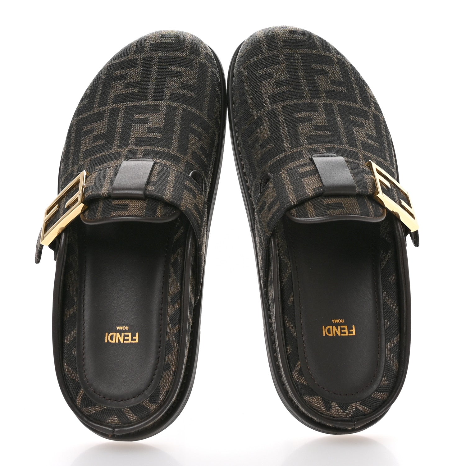 Fendi Fabric Jacquard Nappa FF Womens Sabot Mules 39 Tobacco Black 3 of 10