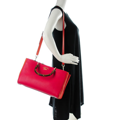 Gucci Pebbled Calfskin Bi-Color Medium Bamboo Shopper Tote Fuchsia Orange 2 of 7