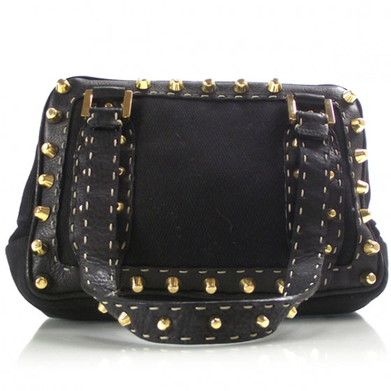 Canvas Calfskin Romano Selleria Studded Tote Black
