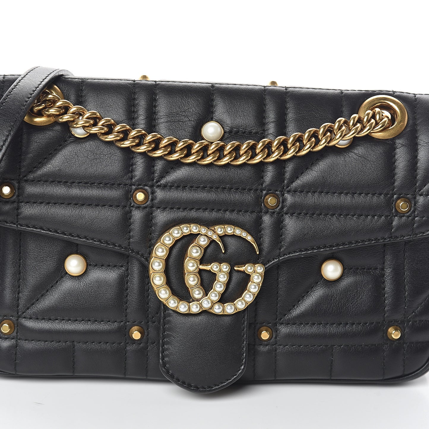 Calfskin Matelasse Studded Small Pearly GG Marmont Shoulder Bag Black
