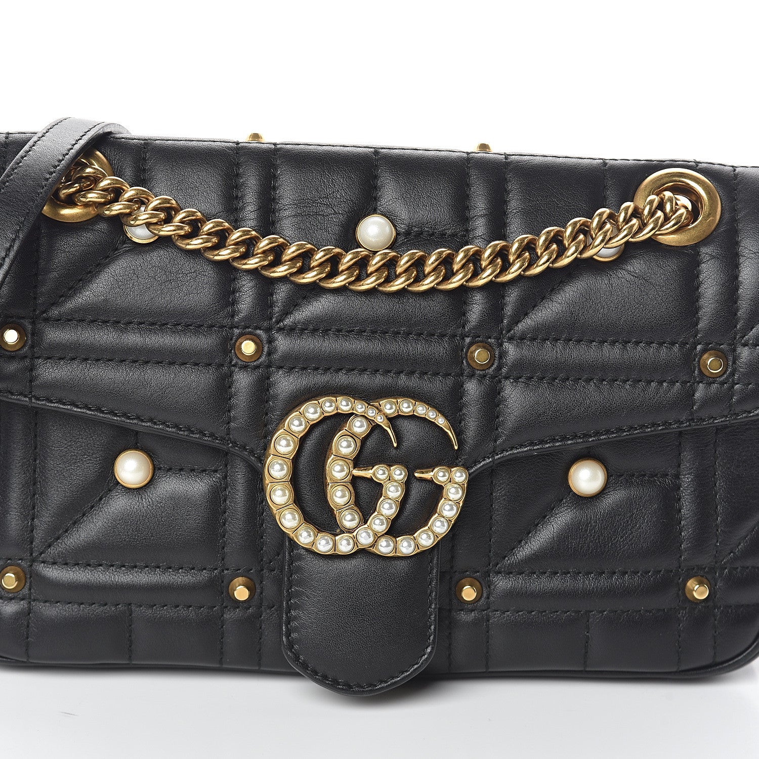 Gucci Calfskin Matelasse Studded Small Pearly GG Marmont Shoulder Bag Black 6 of 8