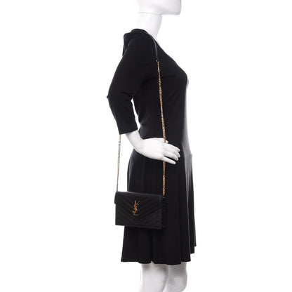 Saint Laurent Grain De Poudre Matelasse Chevron Monogram Envelope Chain Wallet Black 2 of 9