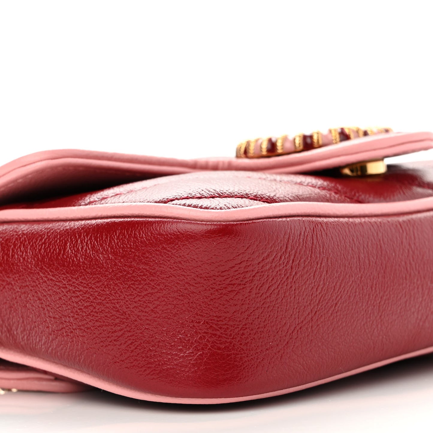 Azalea Calfskin Enamel Matelasse Diagonal Super Mini Torchon GG Marmont Shoulder Bag New Cherry Red Wild Rose