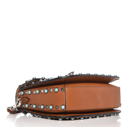 Valentino Garavani Calfskin Embroidered Medium Guitar Strap Rockstud Rolling Flap Saddle Bag Light Cuir 4 of 9