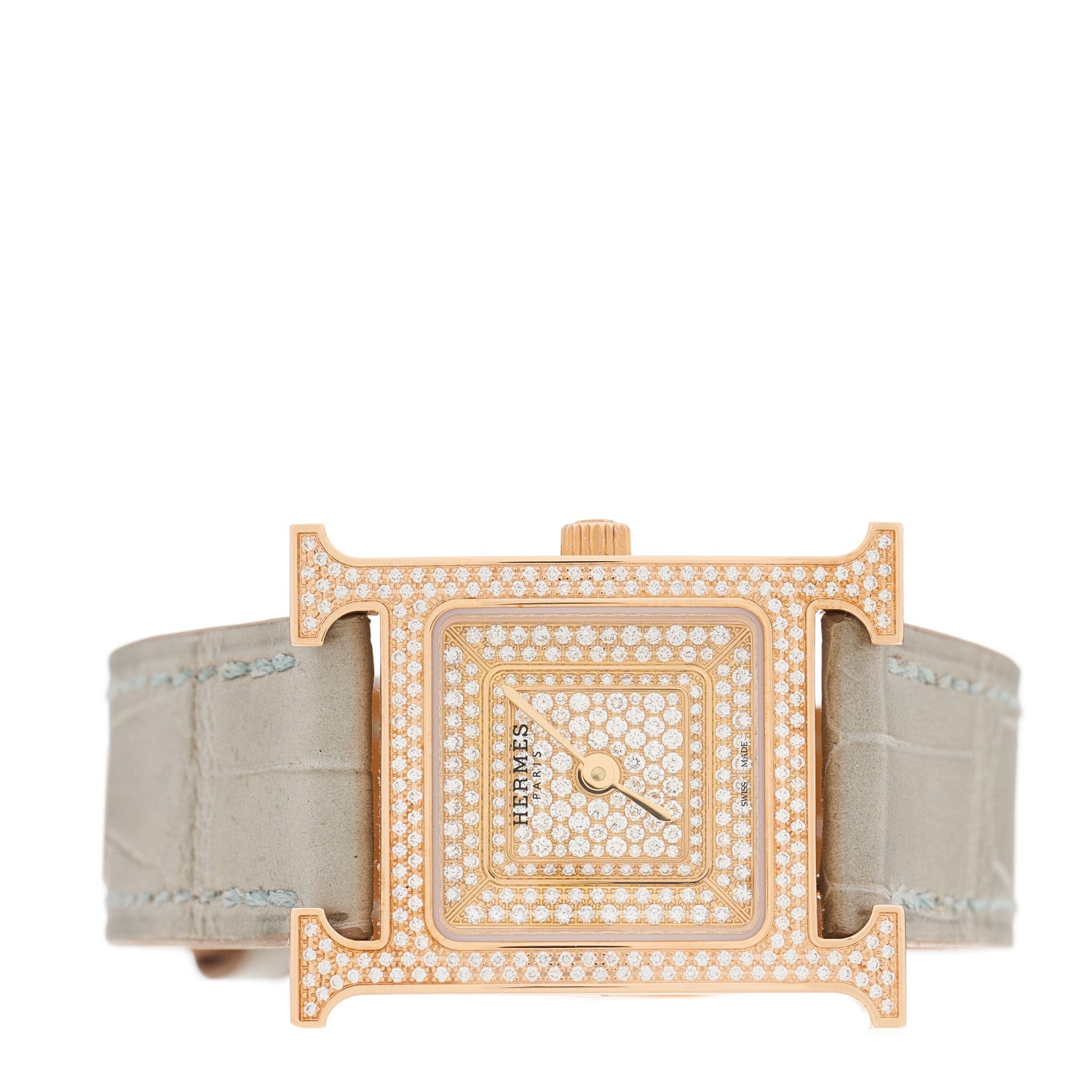 Hermes 18K Rose Gold Alligator Diamond Pave 21mm Heure H Hour Quartz Watch Gris Perle 2 of 4