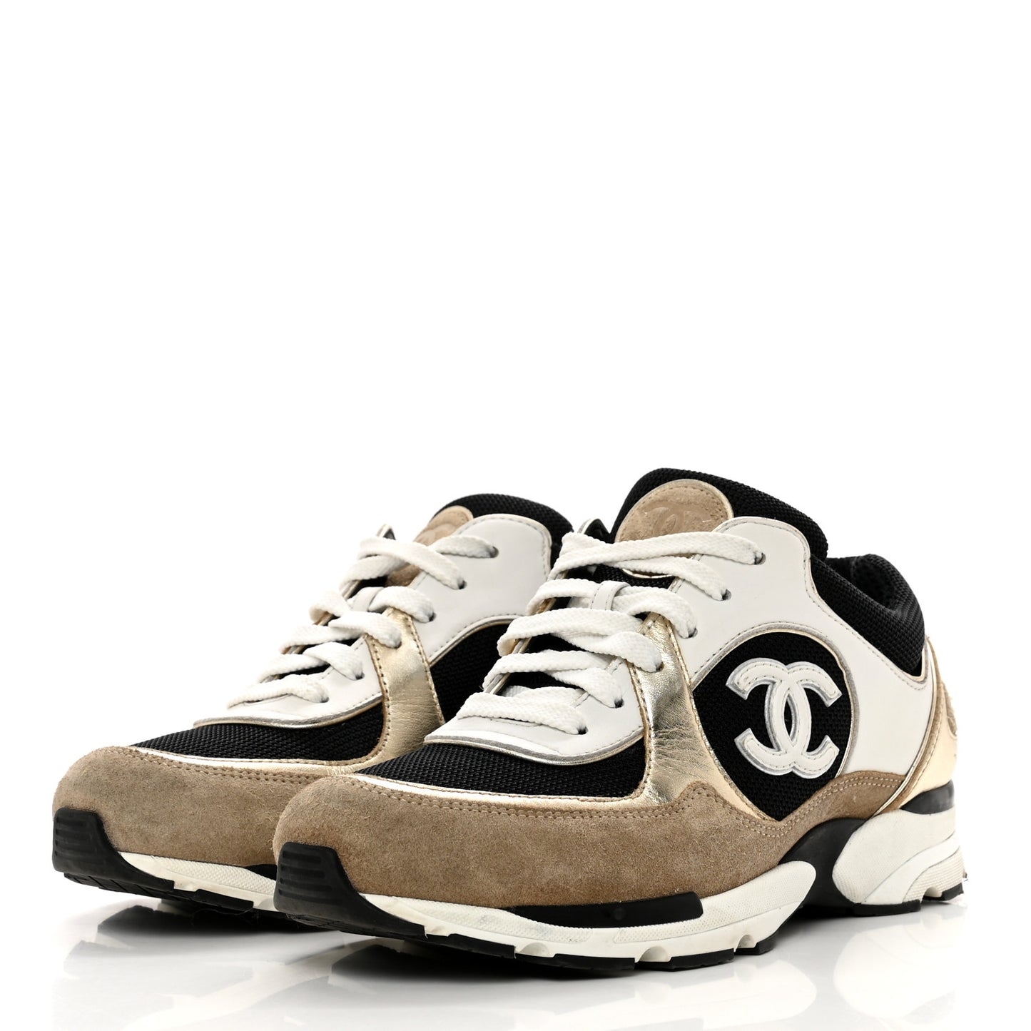 Mesh Suede Calfskin Womens CC Sneakers 39 White Black Beige Gold
