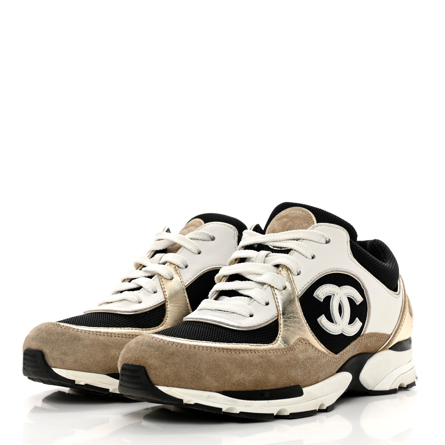 Chanel Mesh Suede Calfskin Womens CC Sneakers 39 White Black Beige Gold 3 of 8
