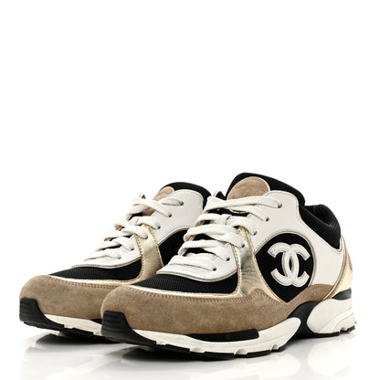 Chanel Mesh Suede Calfskin Womens CC Sneakers 39 White Black Beige Gold 3 of 8