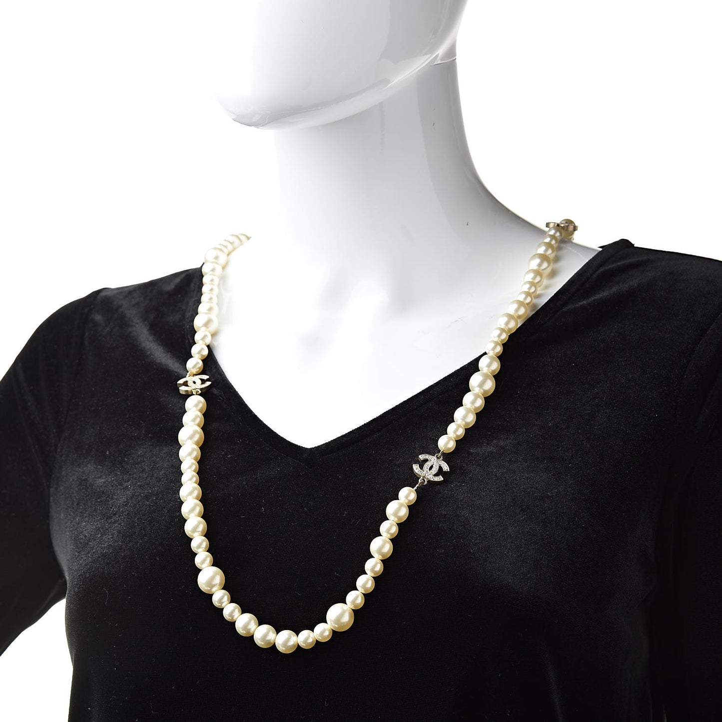 Graduated Pearl Crystal CC Long Necklace Gold
