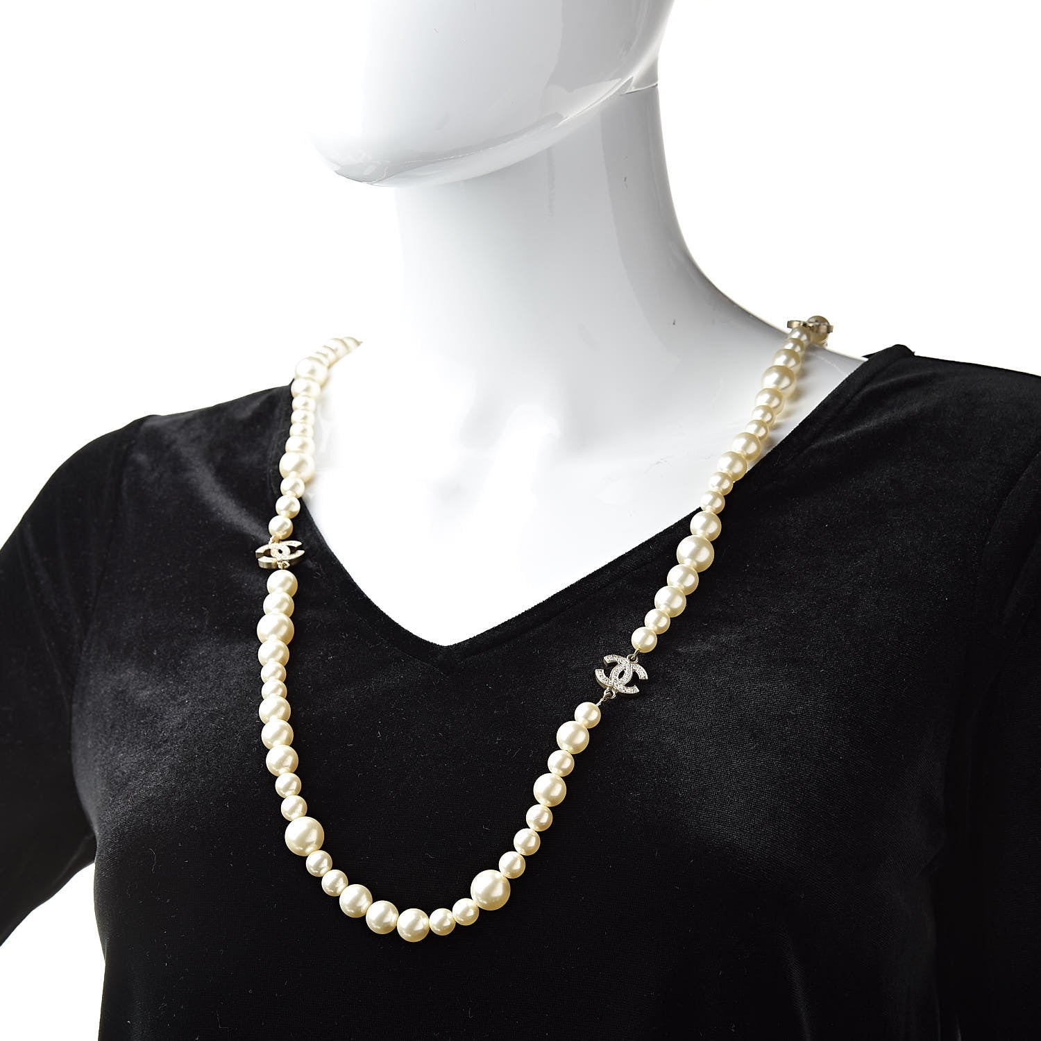 Chanel Graduated Pearl Crystal CC Long Necklace Gold 2 of 5