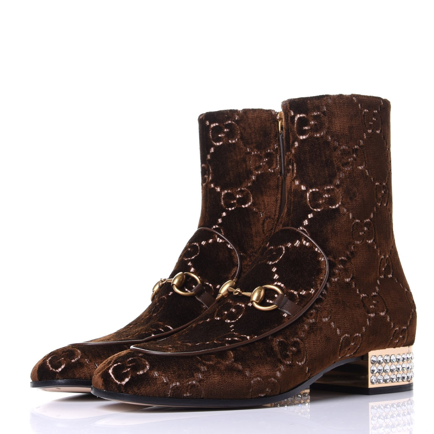 Gucci Velvet GG Monogram Crystal Horsebit Ankle Boots 39 Brown Vintage Cocoa 3 of 11
