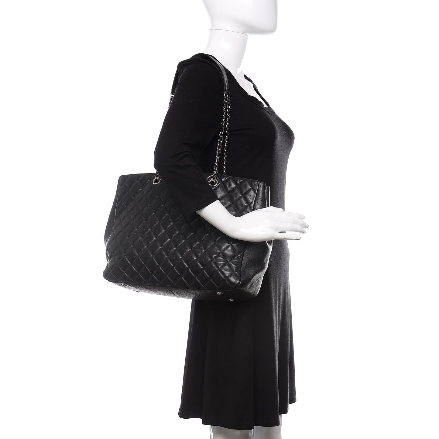 Calfskin Quilted Large CC Shopping Tote Black