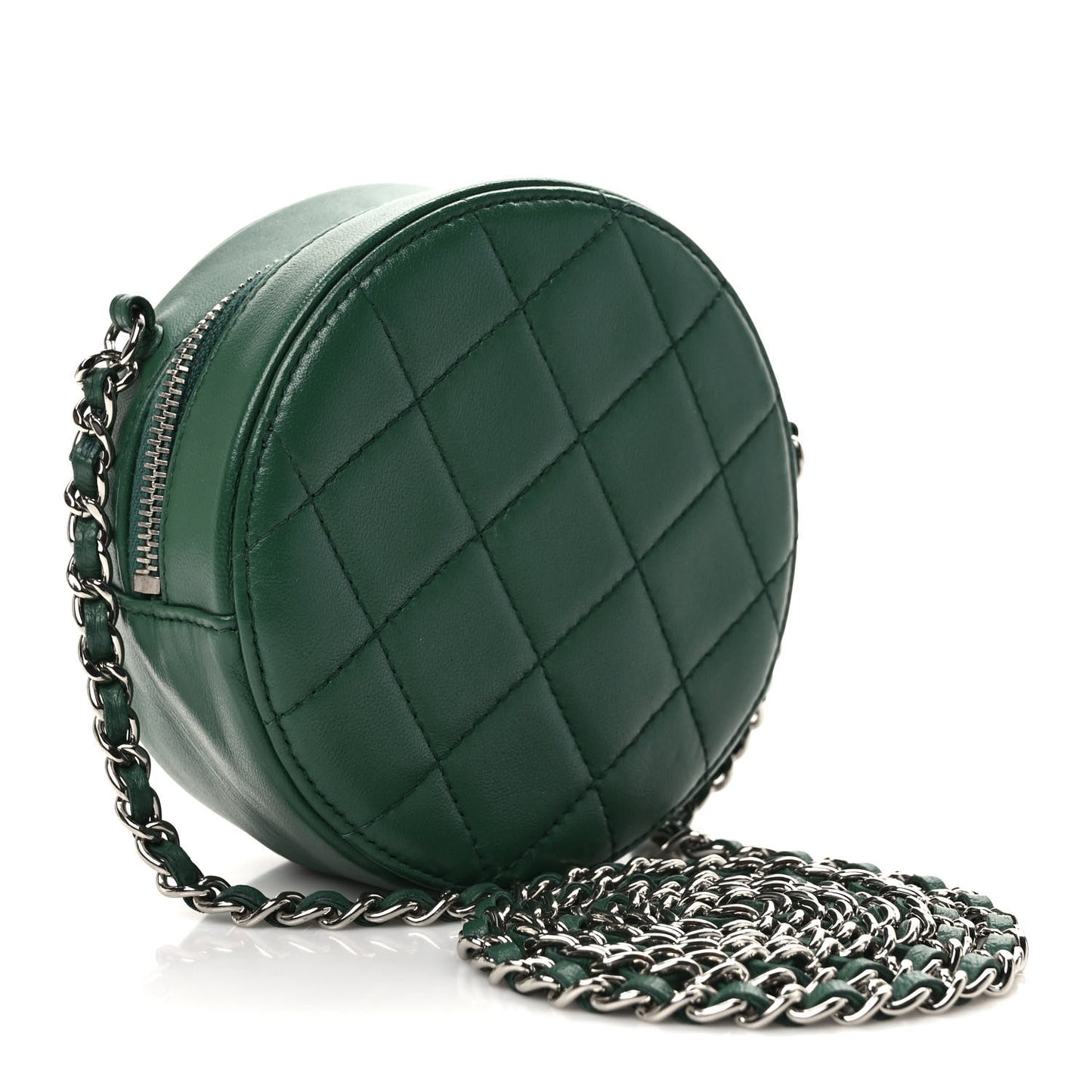 Lambskin Quilted Round Clutch With Chain Green